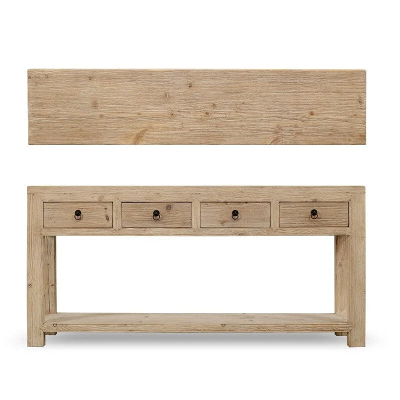 Weathered Natural Pinewood Sideboard 70"W 4 Drawers Solid Top Handmade Minimalist Storage Cabinet