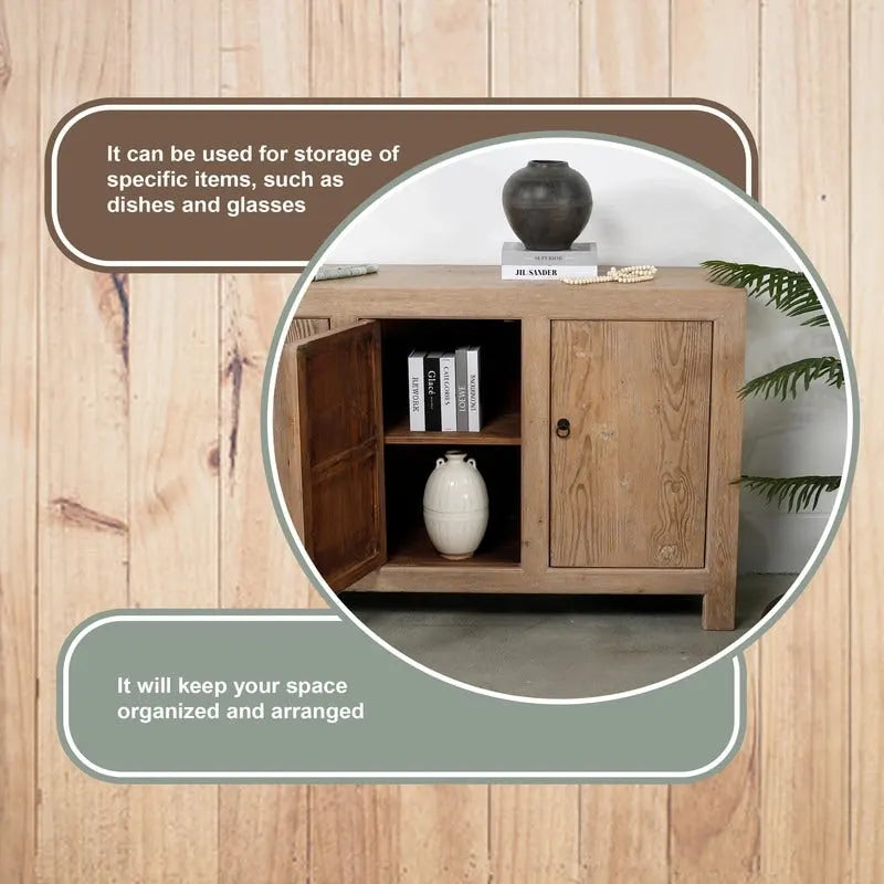 Weathered Pinewood Sideboard 86.6"W 4 Doors Reclaimed Wood Handmade Minimalist 39.8"H Storage Cabinet