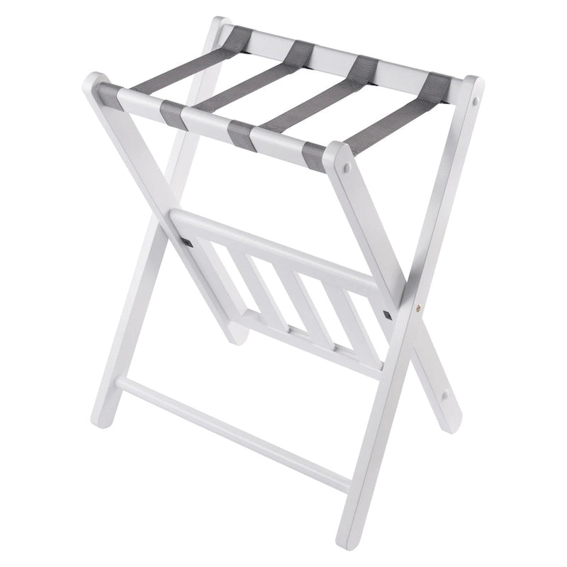 White Folding Luggage Rack 24.75"H Solid Wood Gray Nylon Straps 40lb Capacity Bottom Shelf No Assembly