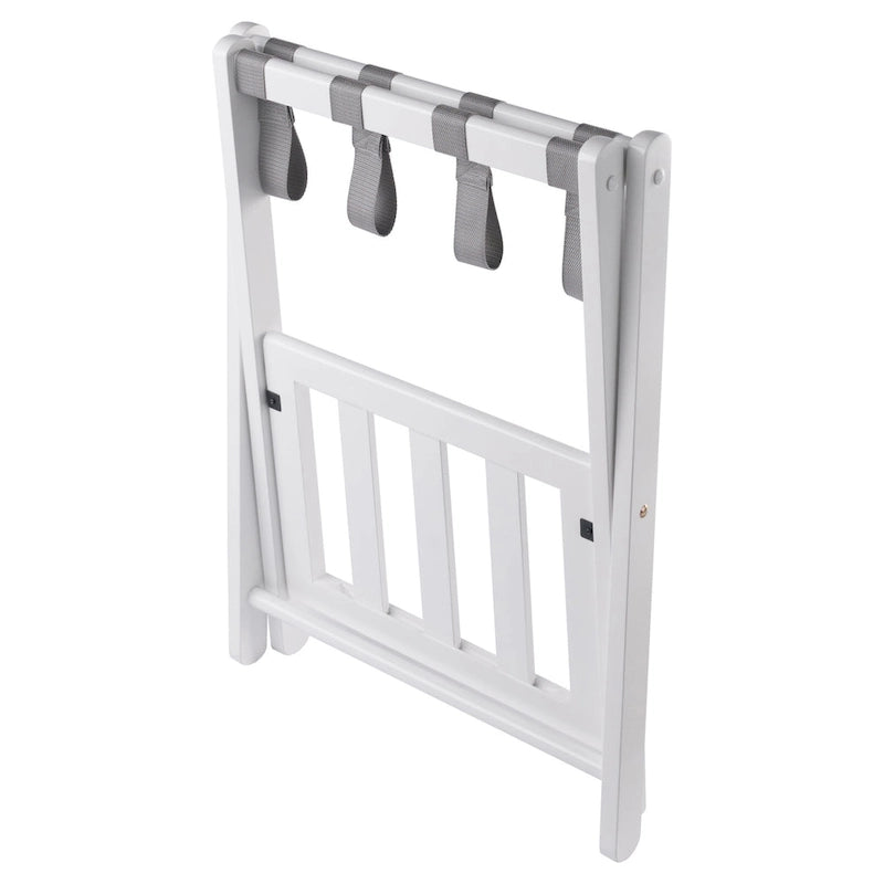 White Folding Luggage Rack 24.75"H Solid Wood Gray Nylon Straps 40lb Capacity Bottom Shelf No Assembly