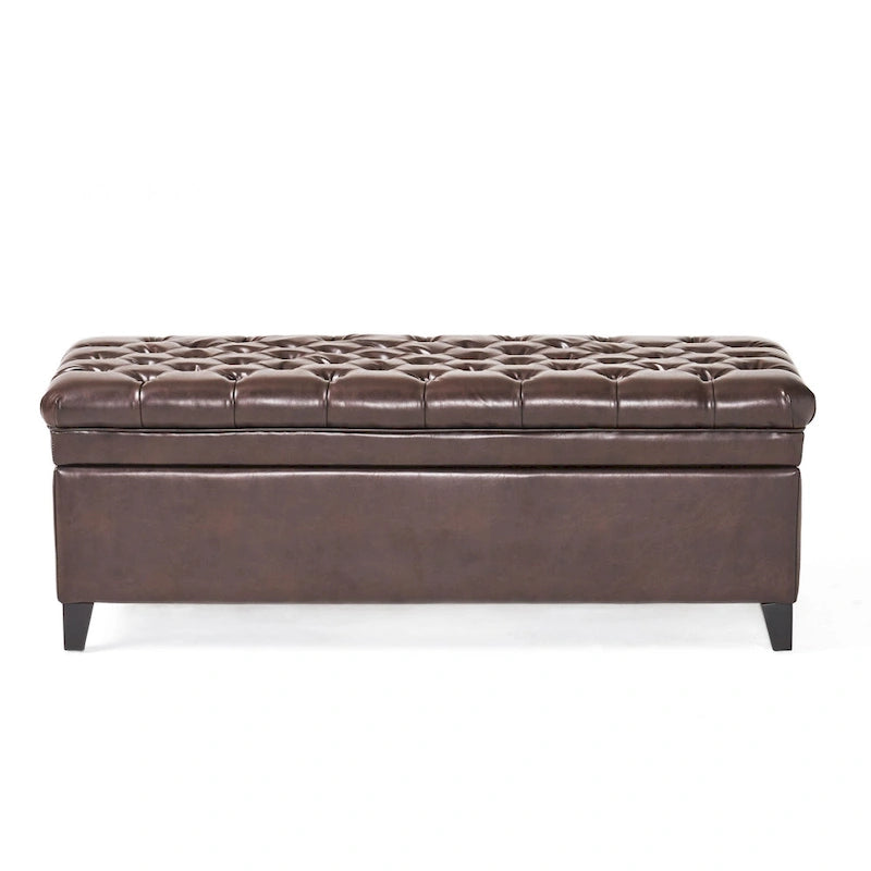 Brown Faux Leather Storage Ottoman Bench 50"L Tufted Diamond Pattern Solid Wood Legs Espresso Finish