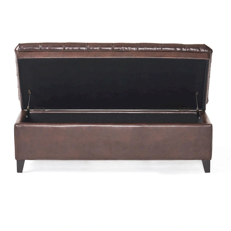 Brown Faux Leather Storage Ottoman Bench 50"L Tufted Diamond Pattern Solid Wood Legs Espresso Finish
