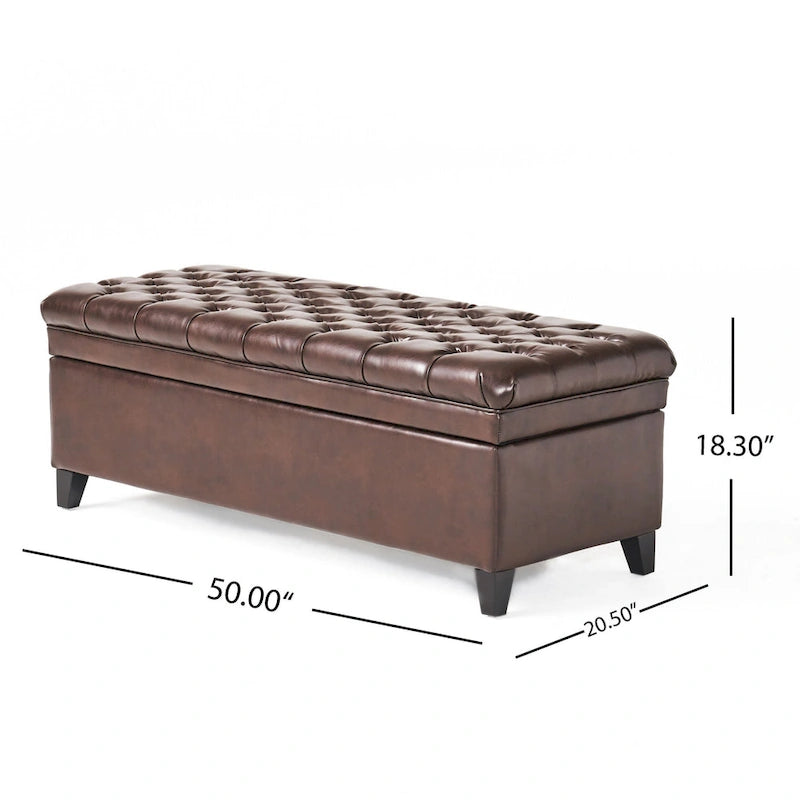 Brown Faux Leather Storage Ottoman Bench 50"L Tufted Diamond Pattern Solid Wood Legs Espresso Finish