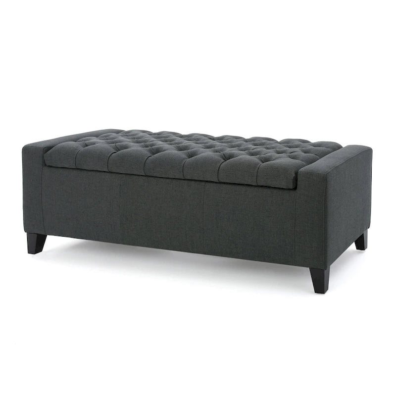 Storage Ottoman Bench, Dark Gray Fabric, Tufted Top, 51 Inch