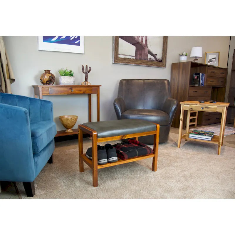 Solid Acacia Wood Bench 23.75"W x 17"H - Padded Leather-Like Cushion Seat, Contemporary Design, 250lbs Capacity for Entryway Bedroom