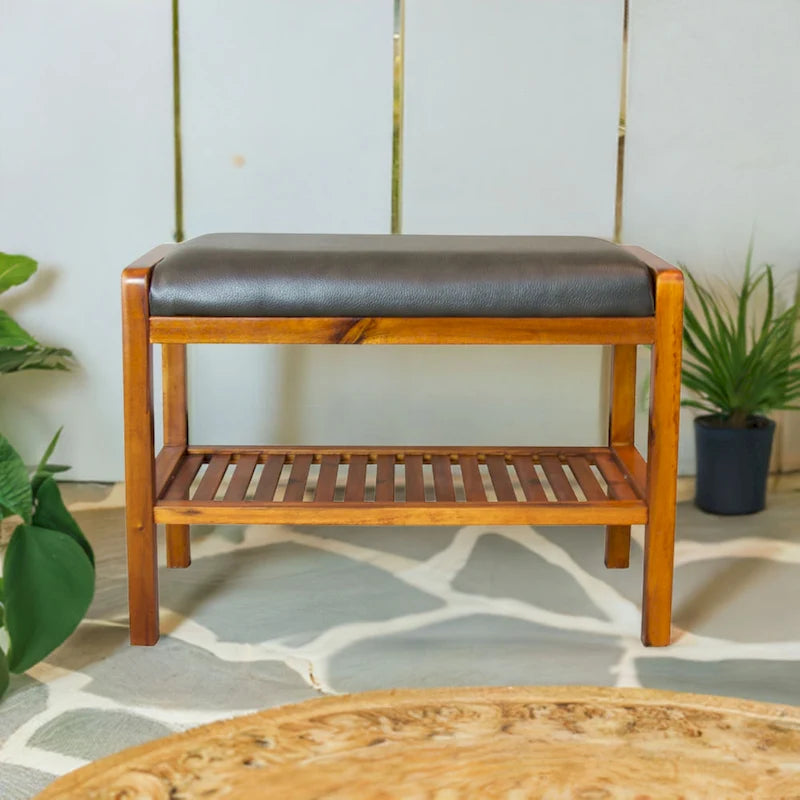 Solid Acacia Wood Bench 23.75"W x 17"H - Padded Leather-Like Cushion Seat, Contemporary Design, 250lbs Capacity for Entryway Bedroom