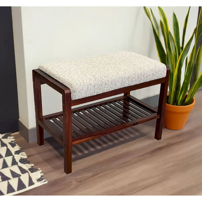 Solid Acacia Wood Bench 23.75"W x 17"H - Padded Leather-Like Cushion Seat, Contemporary Design, 250lbs Capacity for Entryway Bedroom