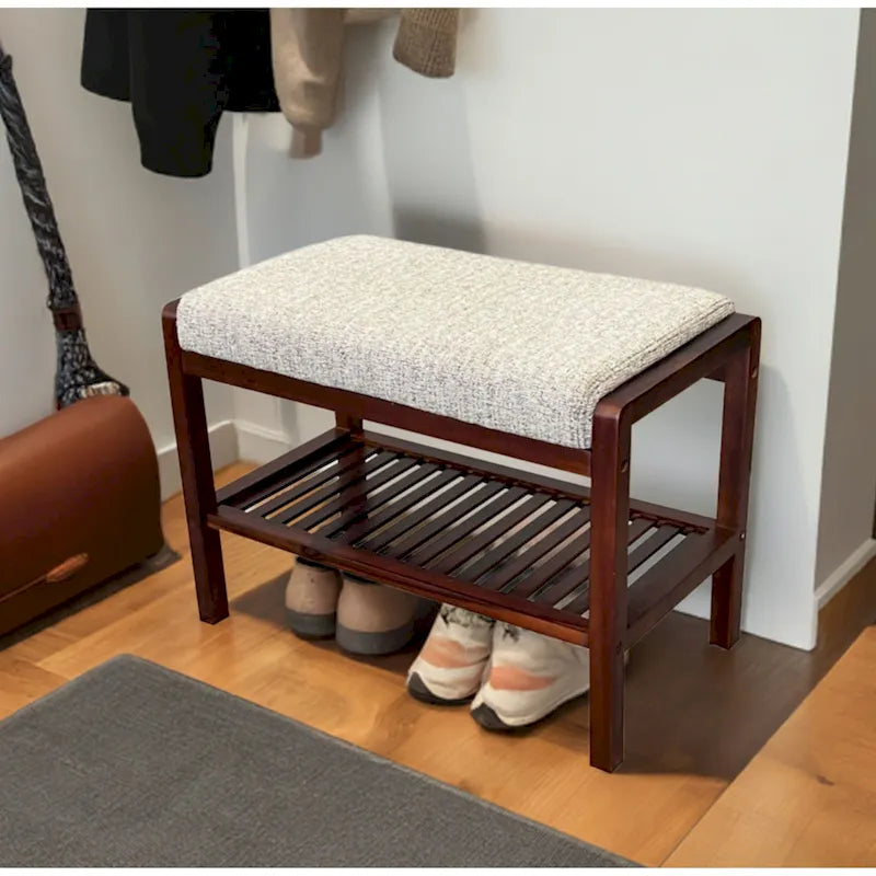 Solid Acacia Wood Bench 23.75"W x 17"H - Padded Leather-Like Cushion Seat, Contemporary Design, 250lbs Capacity for Entryway Bedroom