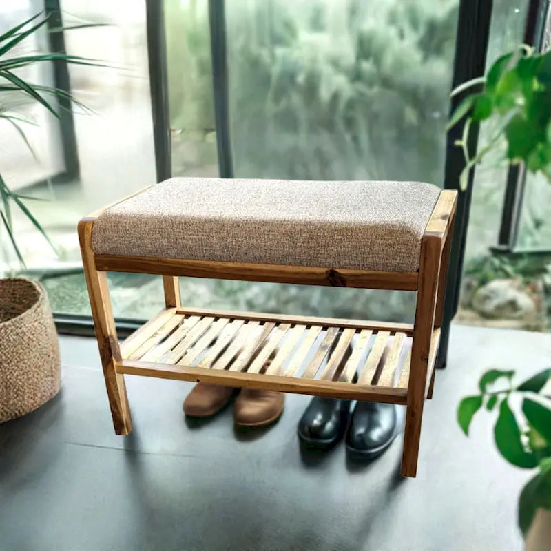 Solid Acacia Wood Bench 23.75"W x 17"H - Padded Leather-Like Cushion Seat, Contemporary Design, 250lbs Capacity for Entryway Bedroom