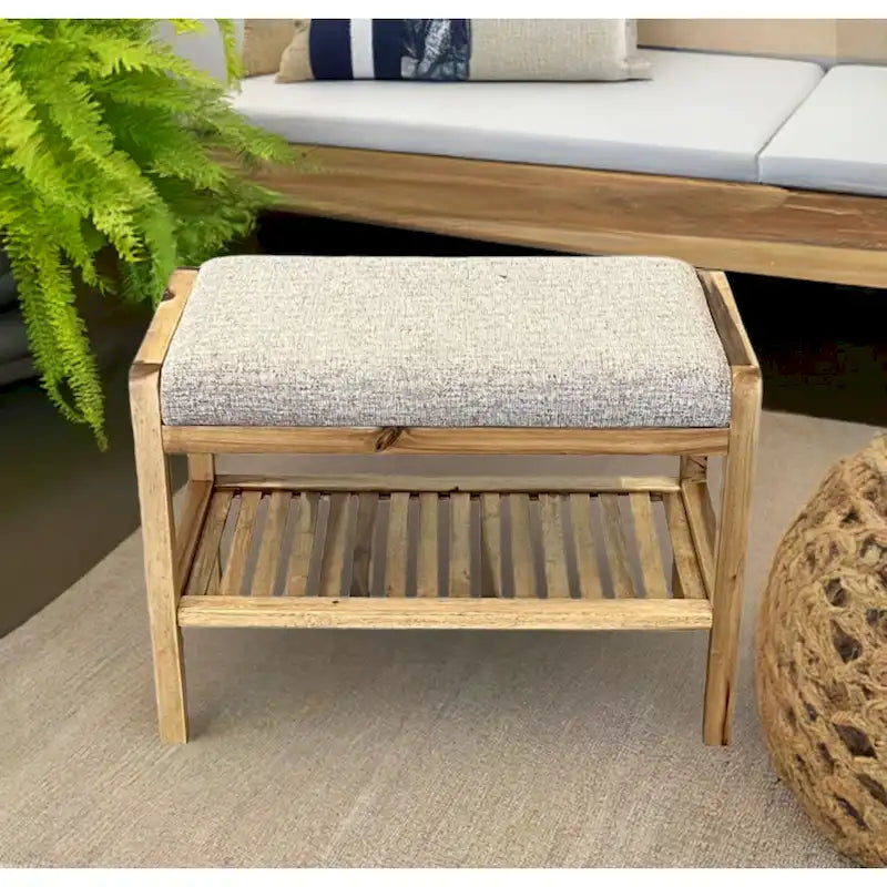 Solid Acacia Wood Bench 23.75"W x 17"H - Padded Leather-Like Cushion Seat, Contemporary Design, 250lbs Capacity for Entryway Bedroom