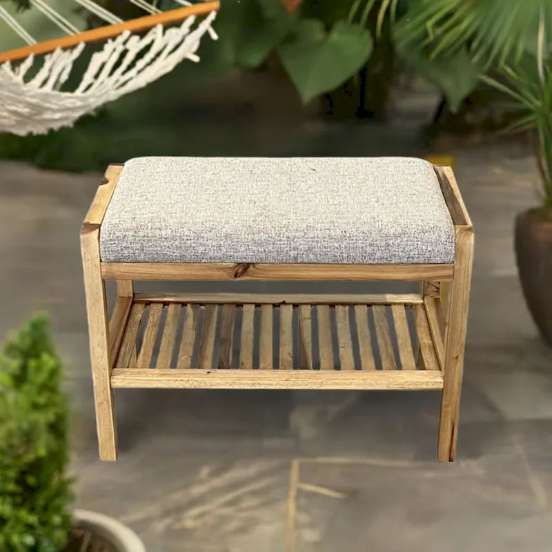 Solid Acacia Wood Bench 23.75"W x 17"H - Padded Leather-Like Cushion Seat, Contemporary Design, 250lbs Capacity for Entryway Bedroom