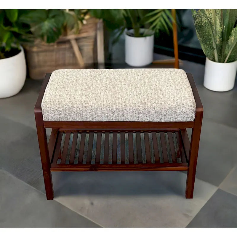 Solid Acacia Wood Bench 23.75"W x 17"H - Padded Leather-Like Cushion Seat, Contemporary Design, 250lbs Capacity for Entryway Bedroom