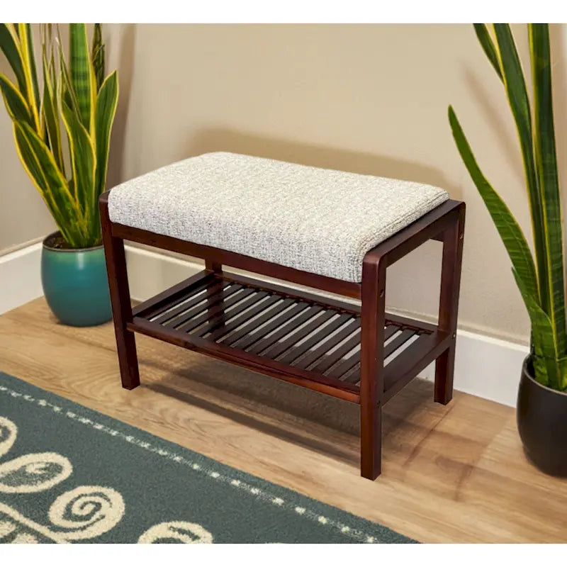 Solid Acacia Wood Bench 23.75"W x 17"H - Padded Leather-Like Cushion Seat, Contemporary Design, 250lbs Capacity for Entryway Bedroom