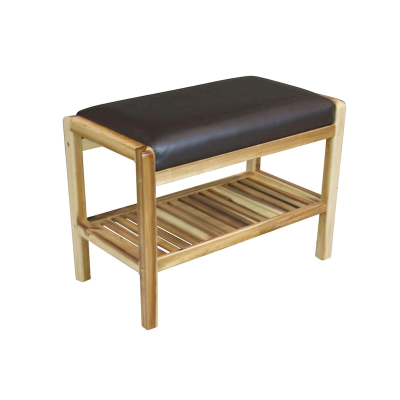 Solid Acacia Wood Bench 23.75"W x 17"H - Padded Leather-Like Cushion Seat, Contemporary Design, 250lbs Capacity for Entryway Bedroom