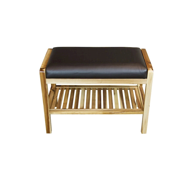 Solid Acacia Wood Bench 23.75"W x 17"H - Padded Leather-Like Cushion Seat, Contemporary Design, 250lbs Capacity for Entryway Bedroom