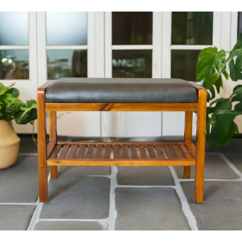 Solid Acacia Wood Bench 23.75"W x 17"H - Padded Leather-Like Cushion Seat, Contemporary Design, 250lbs Capacity for Entryway Bedroom