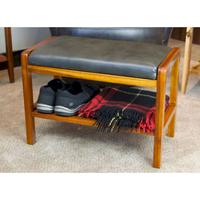 Solid Acacia Wood Bench 23.75"W x 17"H - Padded Leather-Like Cushion Seat, Contemporary Design, 250lbs Capacity for Entryway Bedroom