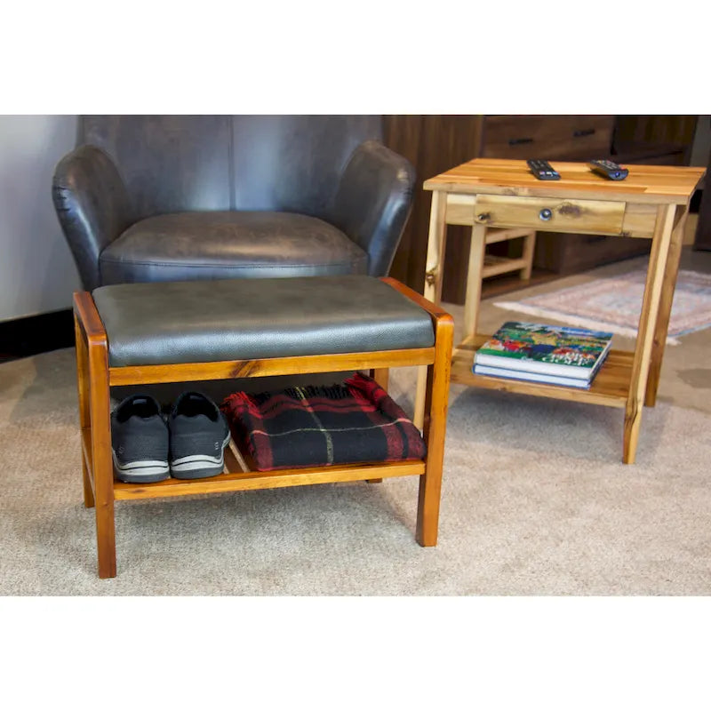 Solid Acacia Wood Bench 23.75"W x 17"H - Padded Leather-Like Cushion Seat, Contemporary Design, 250lbs Capacity for Entryway Bedroom