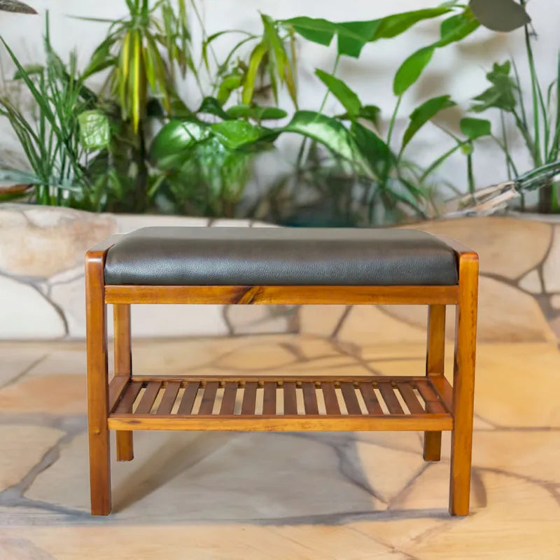Solid Acacia Wood Bench 23.75"W x 17"H - Padded Leather-Like Cushion Seat, Contemporary Design, 250lbs Capacity for Entryway Bedroom