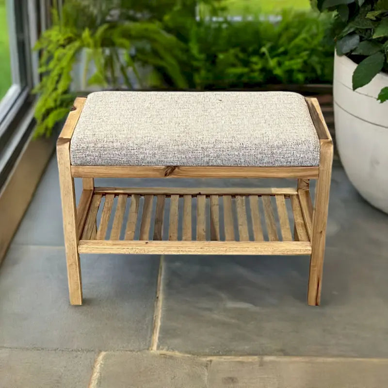 Solid Acacia Wood Bench 23.75"W x 17"H - Padded Leather-Like Cushion Seat, Contemporary Design, 250lbs Capacity for Entryway Bedroom