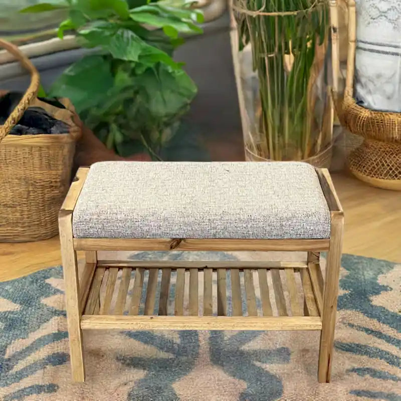 Solid Acacia Wood Bench 23.75"W x 17"H - Padded Leather-Like Cushion Seat, Contemporary Design, 250lbs Capacity for Entryway Bedroom