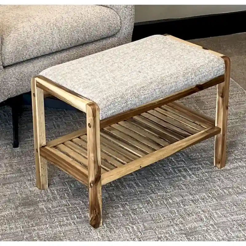 Solid Acacia Wood Bench 23.75"W x 17"H - Padded Leather-Like Cushion Seat, Contemporary Design, 250lbs Capacity for Entryway Bedroom