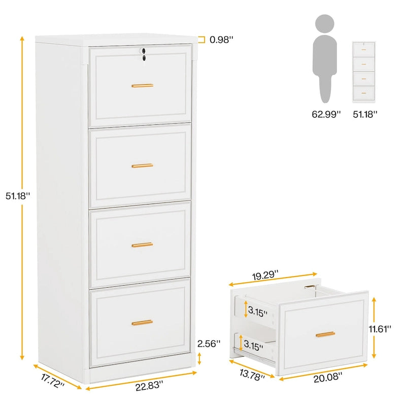 4-Drawer File Cabinet with Lock 51"H - Legal/Letter/A4 Size, Ball Bearing Slides, Anti-Tip Kit, Vertical Office