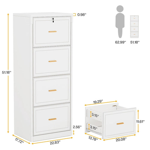 4-Drawer File Cabinet with Lock 51"H - Legal/Letter/A4 Size, Ball Bearing Slides, Anti-Tip Kit, Vertical Office