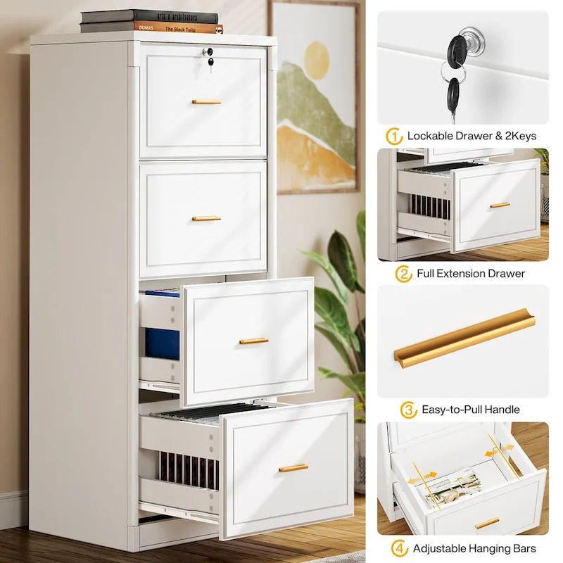 4-Drawer File Cabinet with Lock 51"H - Legal/Letter/A4 Size, Ball Bearing Slides, Anti-Tip Kit, Vertical Office