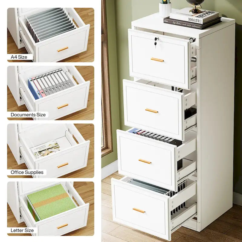 4-Drawer File Cabinet with Lock 51"H - Legal/Letter/A4 Size, Ball Bearing Slides, Anti-Tip Kit, Vertical Office