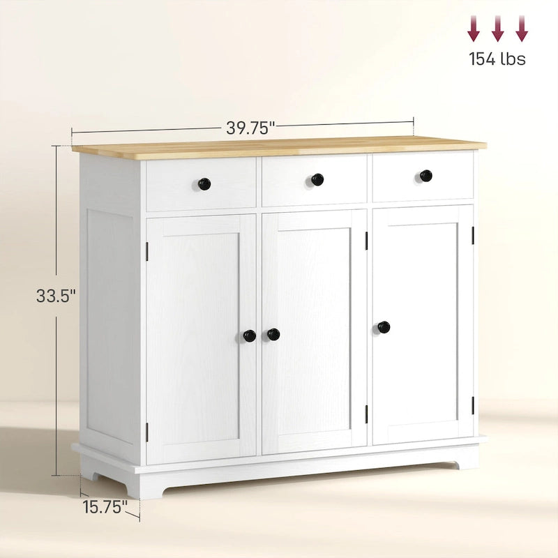 Modern Storage Cabinet Rubber Wood Countertop 3 Drawers 2 Doors Adjustable Shelf 39.75"W Anti-Tip