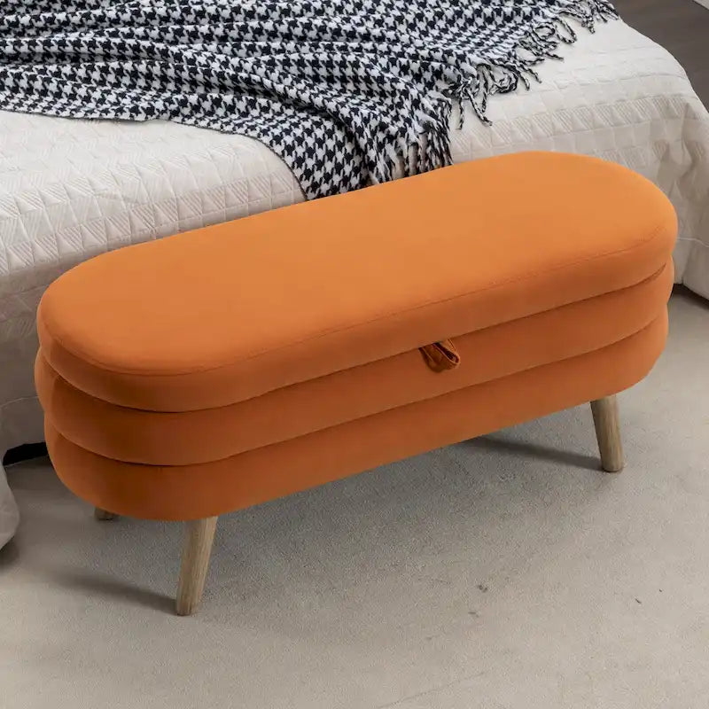 Velvet Storage Bench 48.88"L Wood Legs Adjustable Feet 300lb Capacity Sponge Cushion Bedroom Entryway