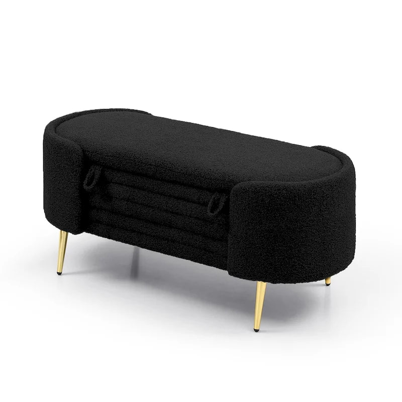 47.6" Faux Fur Sherpa Storage Ottoman Bench - Oval Shape with Split Lift-Top, Gold Metal Legs, High-Density Foam - End of Bed Seat