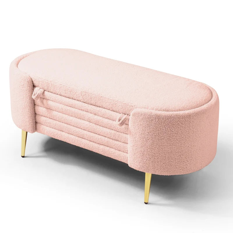47.6" Faux Fur Sherpa Storage Ottoman Bench - Oval Shape with Split Lift-Top, Gold Metal Legs, High-Density Foam - End of Bed Seat