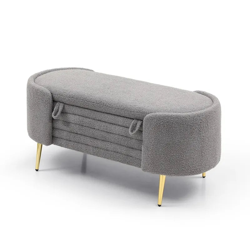 47.6" Faux Fur Sherpa Storage Ottoman Bench - Oval Shape with Split Lift-Top, Gold Metal Legs, High-Density Foam - End of Bed Seat