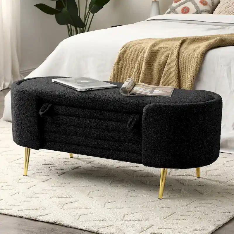 47.6" Faux Fur Sherpa Storage Ottoman Bench - Oval Shape with Split Lift-Top, Gold Metal Legs, High-Density Foam - End of Bed Seat