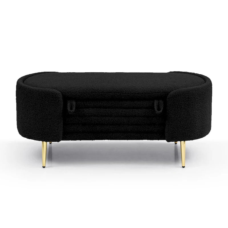 47.6" Faux Fur Sherpa Storage Ottoman Bench - Oval Shape with Split Lift-Top, Gold Metal Legs, High-Density Foam - End of Bed Seat