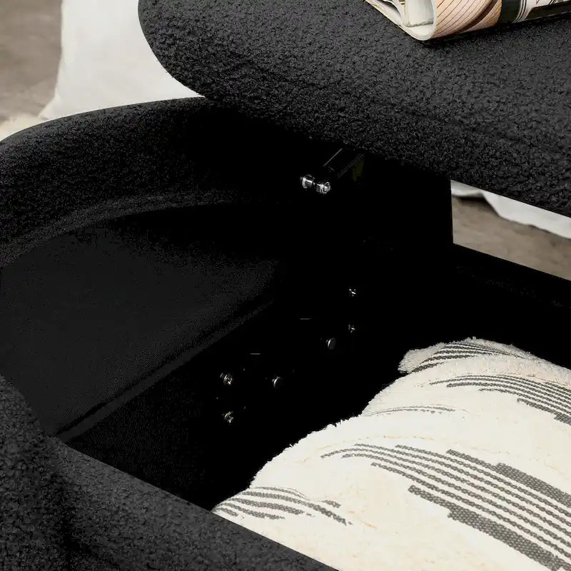 47.6" Faux Fur Sherpa Storage Ottoman Bench - Oval Shape with Split Lift-Top, Gold Metal Legs, High-Density Foam - End of Bed Seat