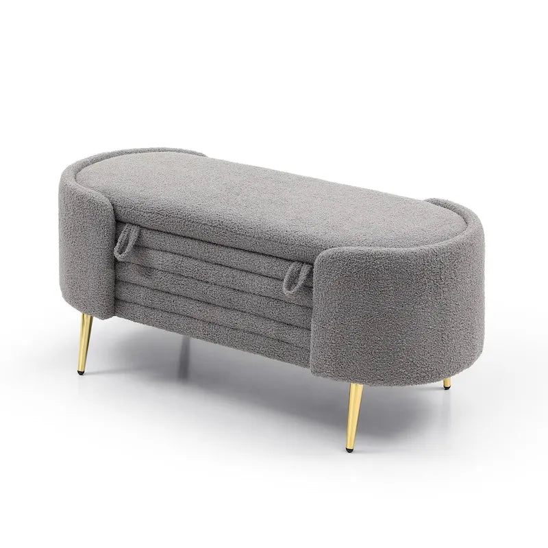 47.6" Faux Fur Sherpa Storage Ottoman Bench - Oval Shape with Split Lift-Top, Gold Metal Legs, High-Density Foam - End of Bed Seat