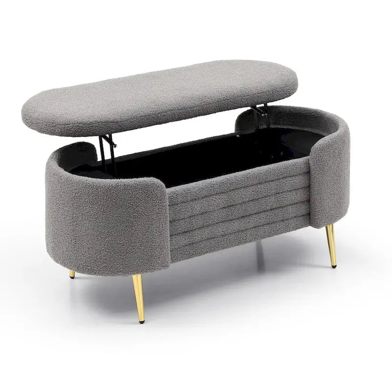47.6" Faux Fur Sherpa Storage Ottoman Bench - Oval Shape with Split Lift-Top, Gold Metal Legs, High-Density Foam - End of Bed Seat