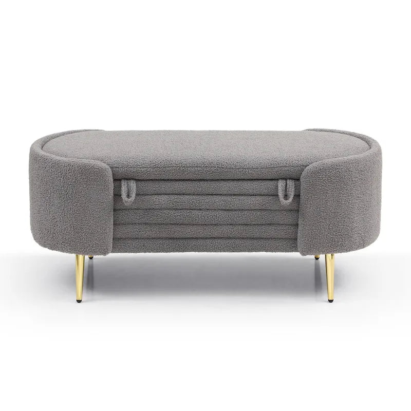 47.6" Faux Fur Sherpa Storage Ottoman Bench - Oval Shape with Split Lift-Top, Gold Metal Legs, High-Density Foam - End of Bed Seat