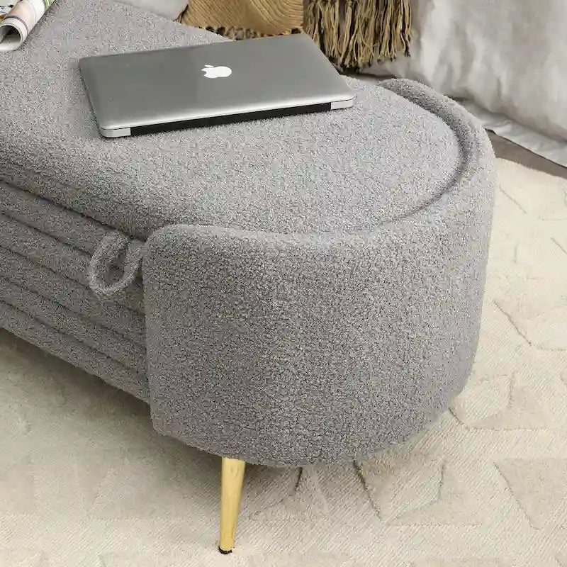 47.6" Faux Fur Sherpa Storage Ottoman Bench - Oval Shape with Split Lift-Top, Gold Metal Legs, High-Density Foam - End of Bed Seat