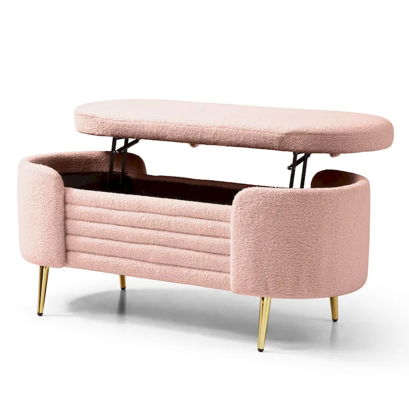 47.6" Faux Fur Sherpa Storage Ottoman Bench - Oval Shape with Split Lift-Top, Gold Metal Legs, High-Density Foam - End of Bed Seat