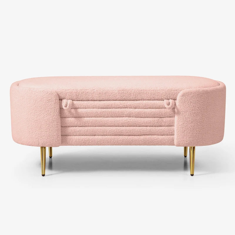 47.6" Faux Fur Sherpa Storage Ottoman Bench - Oval Shape with Split Lift-Top, Gold Metal Legs, High-Density Foam - End of Bed Seat