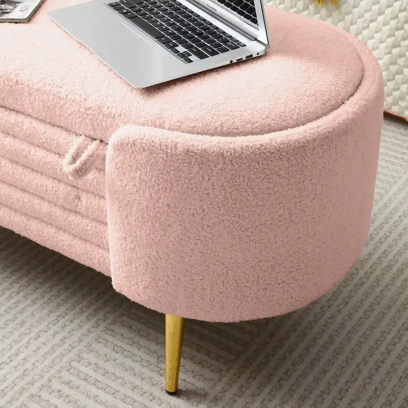 47.6" Faux Fur Sherpa Storage Ottoman Bench - Oval Shape with Split Lift-Top, Gold Metal Legs, High-Density Foam - End of Bed Seat
