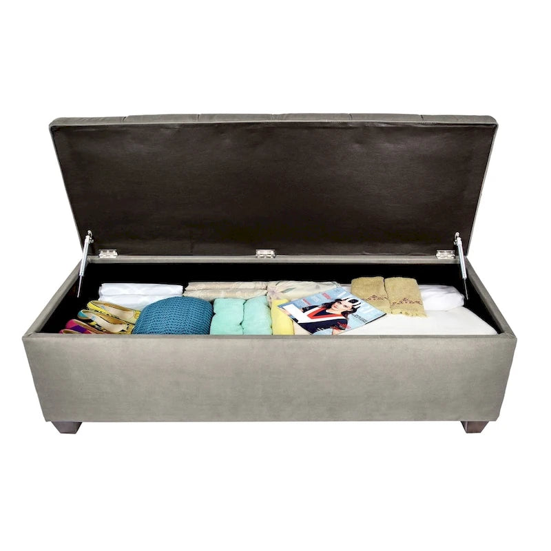 Diamond Tufted Storage Bench with Hydraulic Lift - Linen Upholstered Ottoman with Espresso Wood Legs, Versatile Seating & Storage