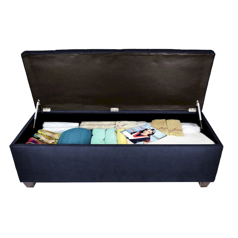 Diamond Tufted Storage Bench with Hydraulic Lift - Linen Upholstered Ottoman with Espresso Wood Legs, Versatile Seating & Storage