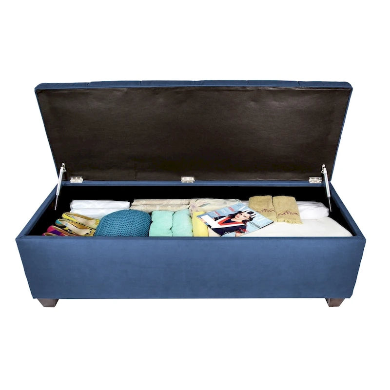 Diamond Tufted Storage Bench with Hydraulic Lift - Linen Upholstered Ottoman with Espresso Wood Legs, Versatile Seating & Storage