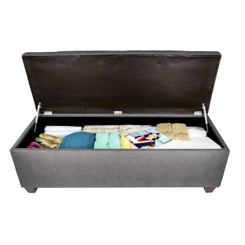 Diamond Tufted Storage Bench with Hydraulic Lift - Linen Upholstered Ottoman with Espresso Wood Legs, Versatile Seating & Storage