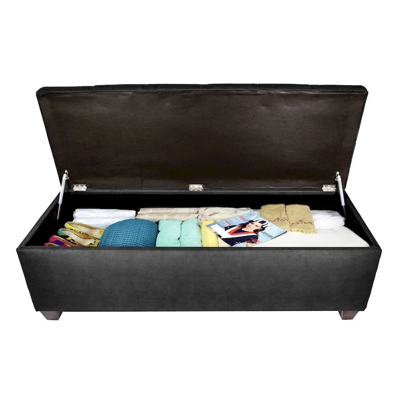 Diamond Tufted Storage Bench with Hydraulic Lift - Linen Upholstered Ottoman with Espresso Wood Legs, Versatile Seating & Storage